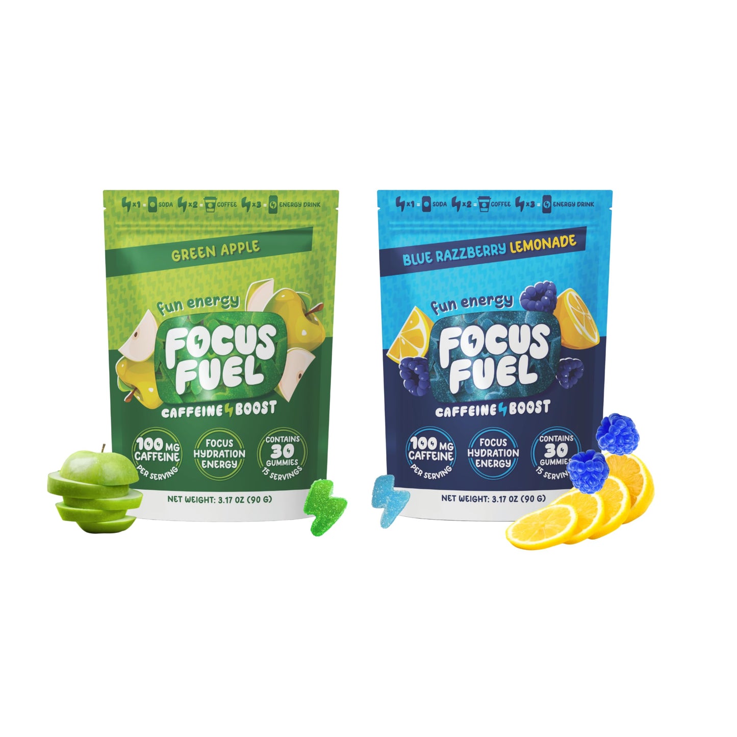 FocusFuel Energy Chews Variety Pack – Blue Razzberry Lemonade & Green Apple Flavors, 60 Chews