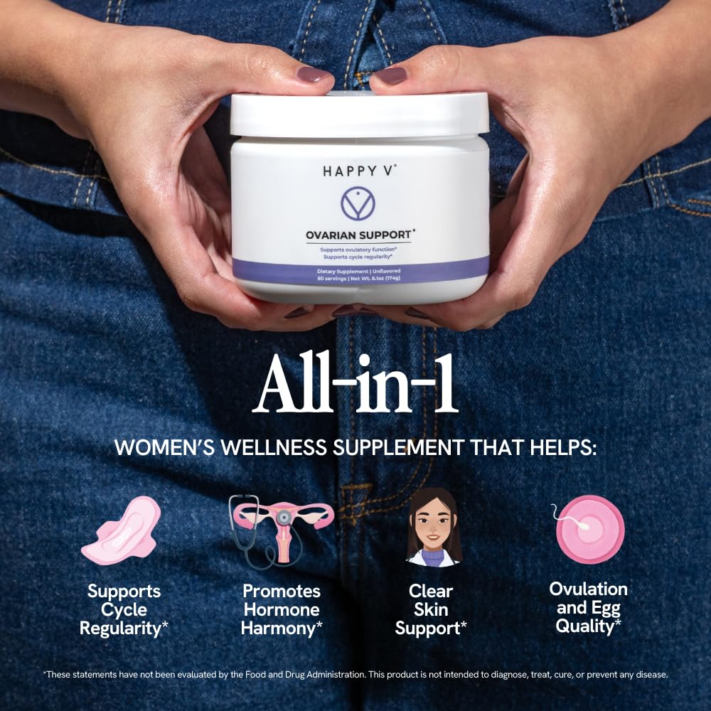 Happy V Ovarian Support for Women with Myo-Inositol & D-Chiro-Inositol 40:1 Ratio, DIM, CoQ10 & Folate Hormone Balance, Cycle Regularity, Egg Quality & PCOS Support Powder 6.1 Ounce