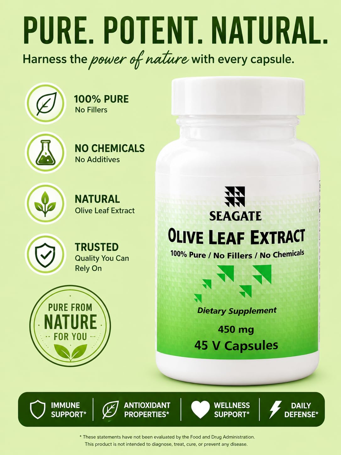 Seagate Olive Leaf Extract 450mg Capsules, 45 Count
