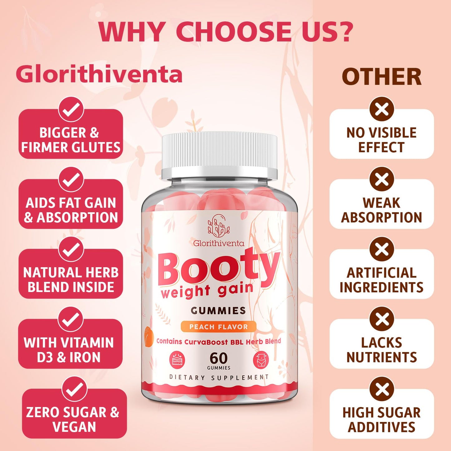 Glorithiventa Booty Gummies for Women with CurvaBoost BBL Herb Blend & Creatine Monohydrate, Peach Flavor, 120 Counts