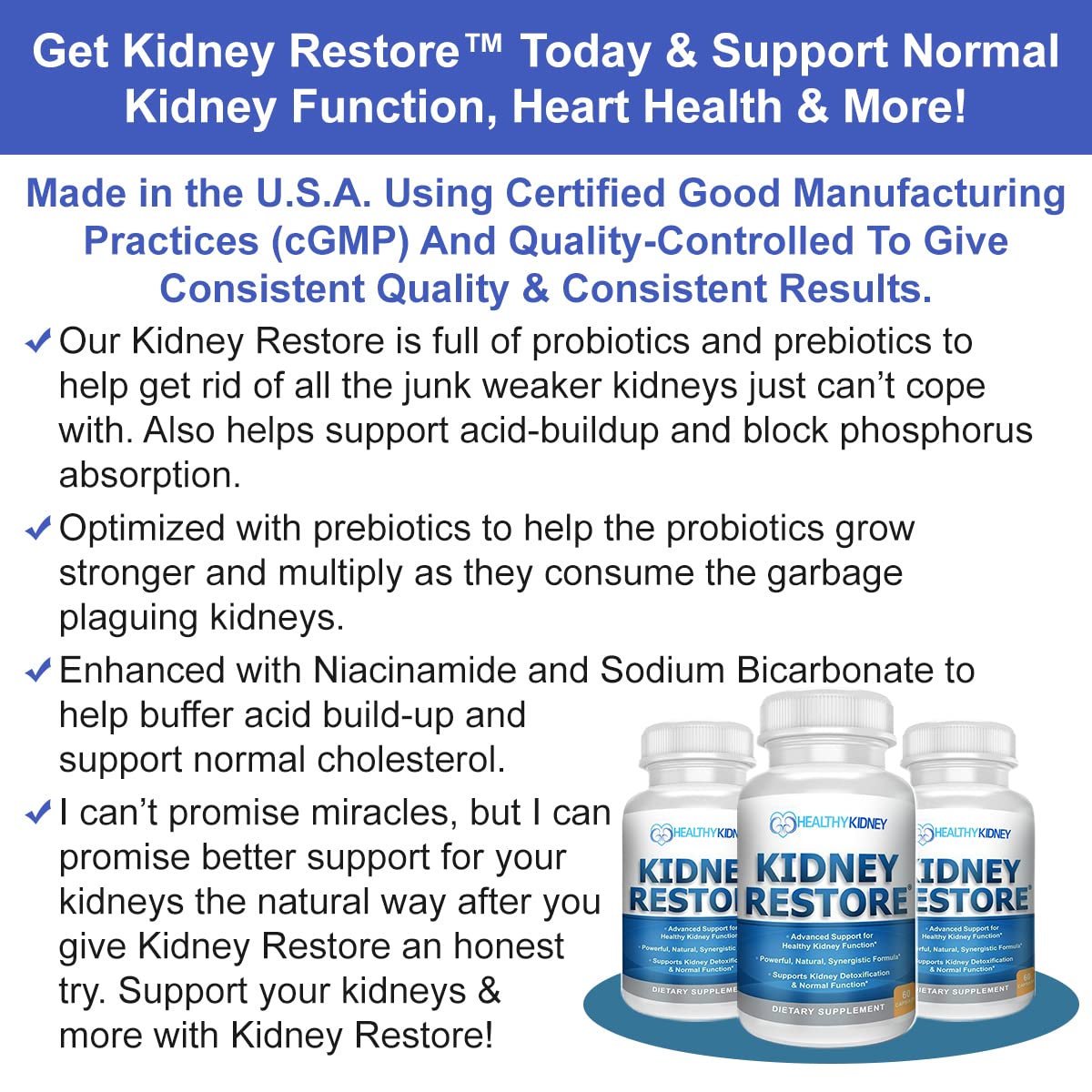 Kidney Restore Kidney-D Capsules for Kidney Support with Optimized Vitamin D Antioxidants, Kidney Probiotics, Sodium Bicarbonate for Kidney Cleansing, 2 Capsules