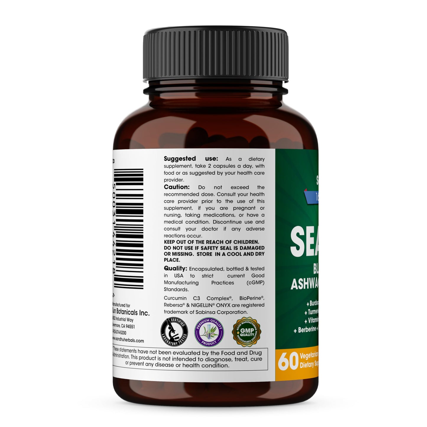 SANDHUHERBALS Sea Moss Black Seed Oil Ashwagandha Ginger Burdock Root Turmeric Black Pepper Capsules 180