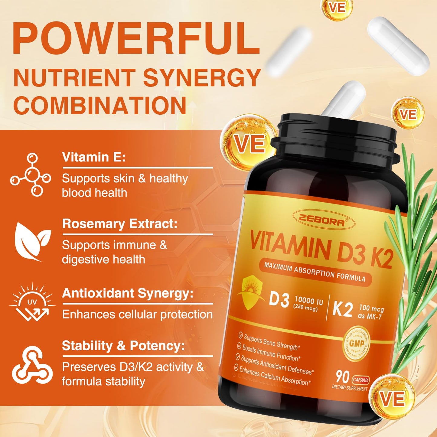 ZEBORA Vitamin D3 K2 Maximum Strength 10000IU D3 & 100mg K2 as MK-7 - Heart, Bone, Immune Health & Antioxidant Defenses Support - Gluten-Free, Non-GMO, 90 Capsules
