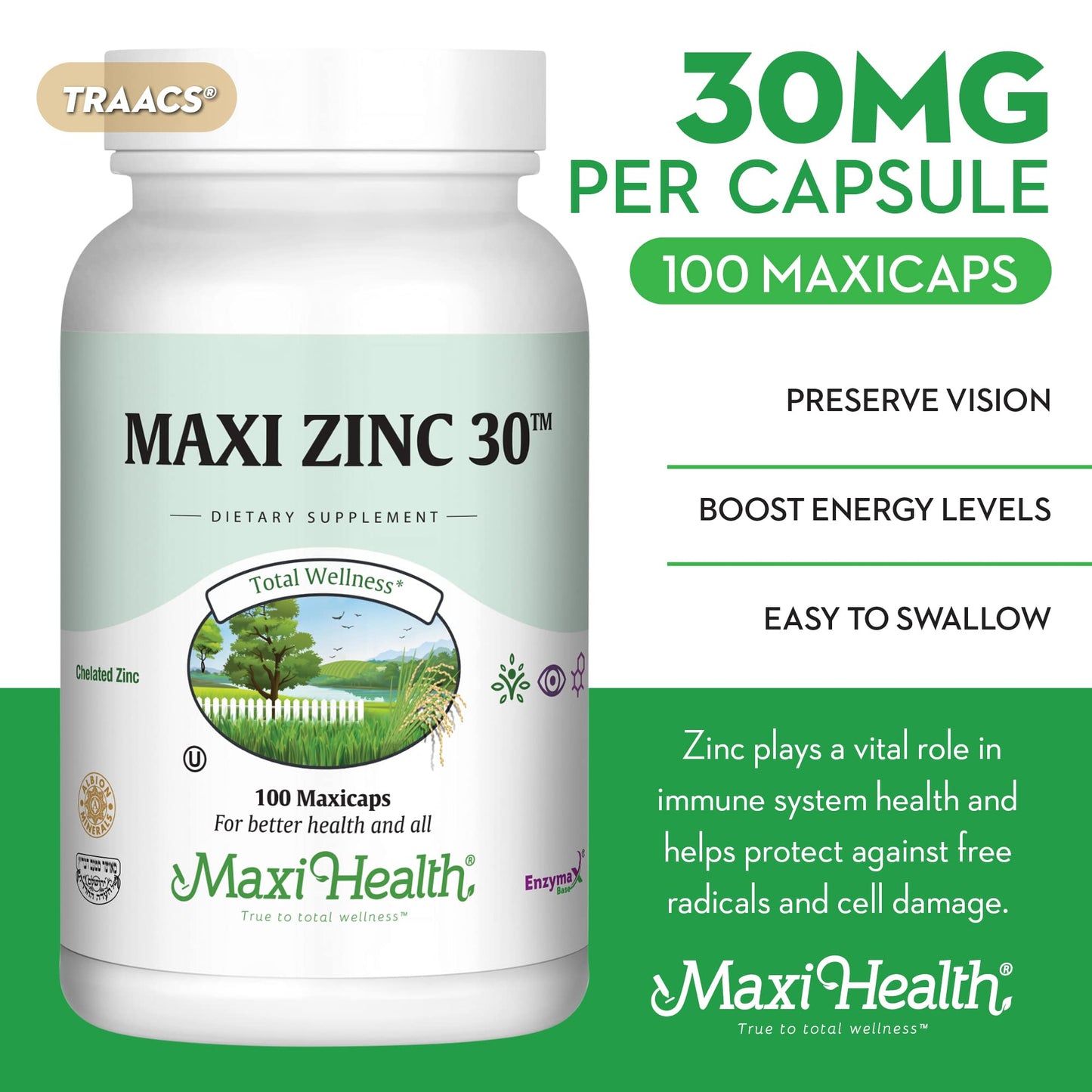 Maxi Health Zinc 30 mg with Enzymax Chelated Zinc Glycinate Capsules, 100 Count