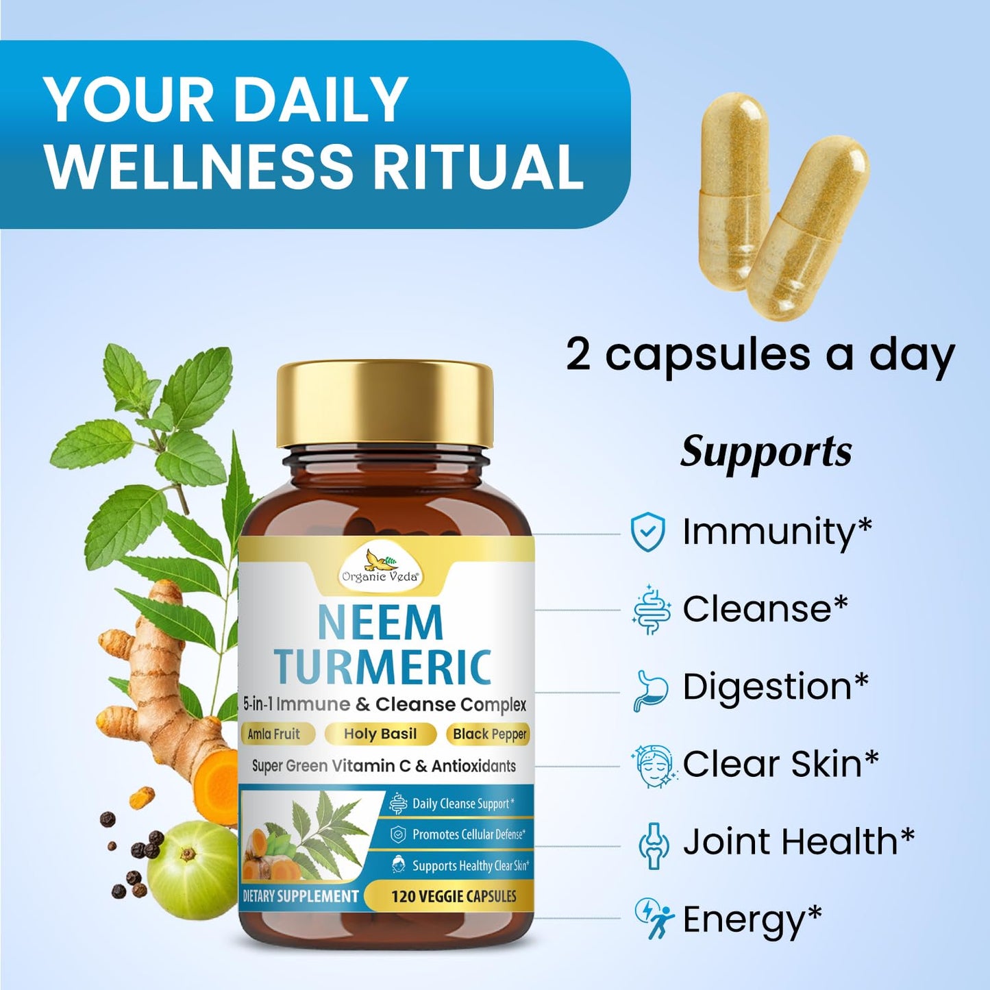 Organic Veda Neem Turmeric Capsules 120 Capsules