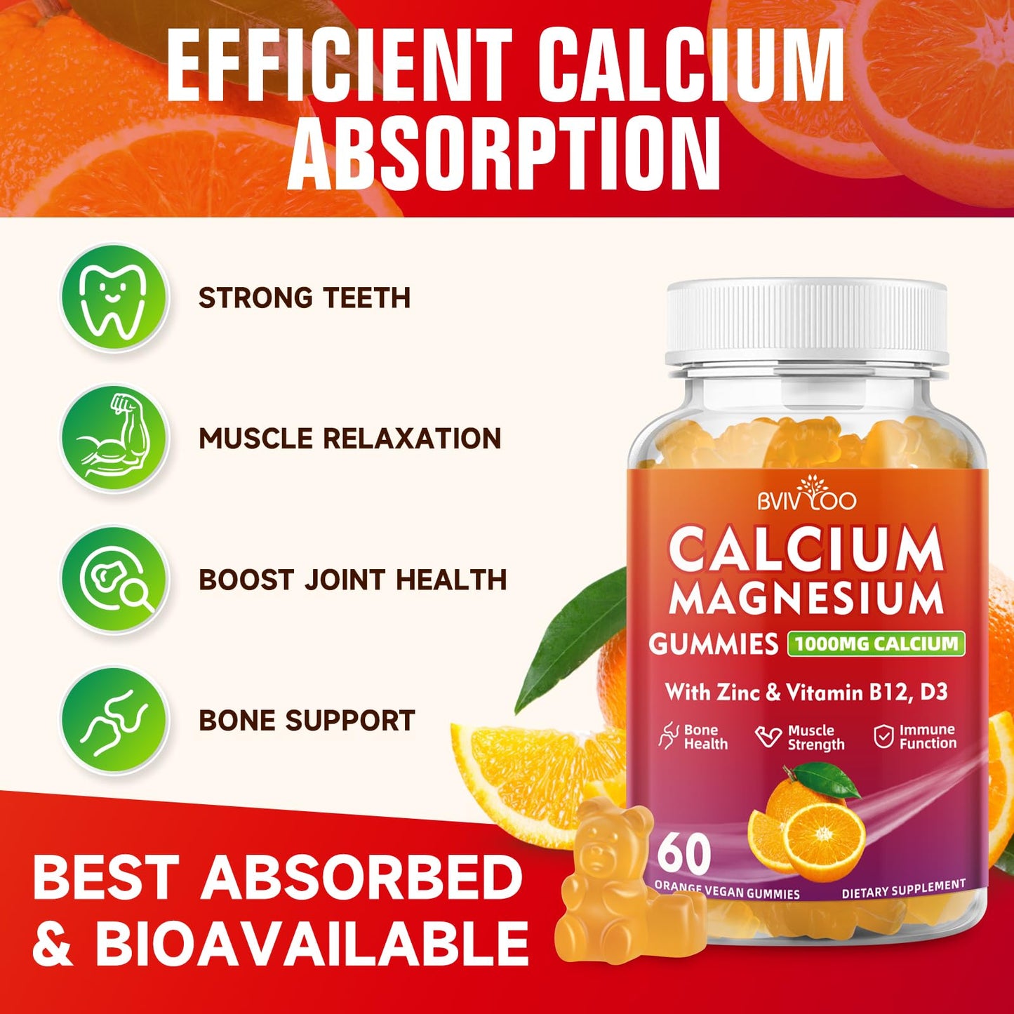 BVIVLOO Calcium Gummies 1000mg with Vitamin D3 K2 & B Complex, Potassium, Magnesium & Zinc, Gummies, 2-Pack
