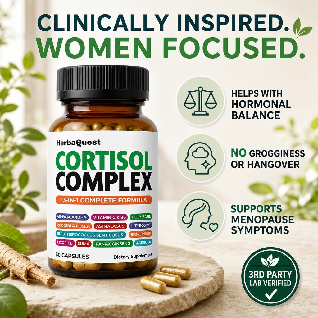 HerbaQuest Cortisol Reducer for Women – Rhodiola Rosea Supplement with Ashwagandha & L-Tyrosine, 13-in-1 Best Supplement to Reduce Cortisol, 60 Capsules