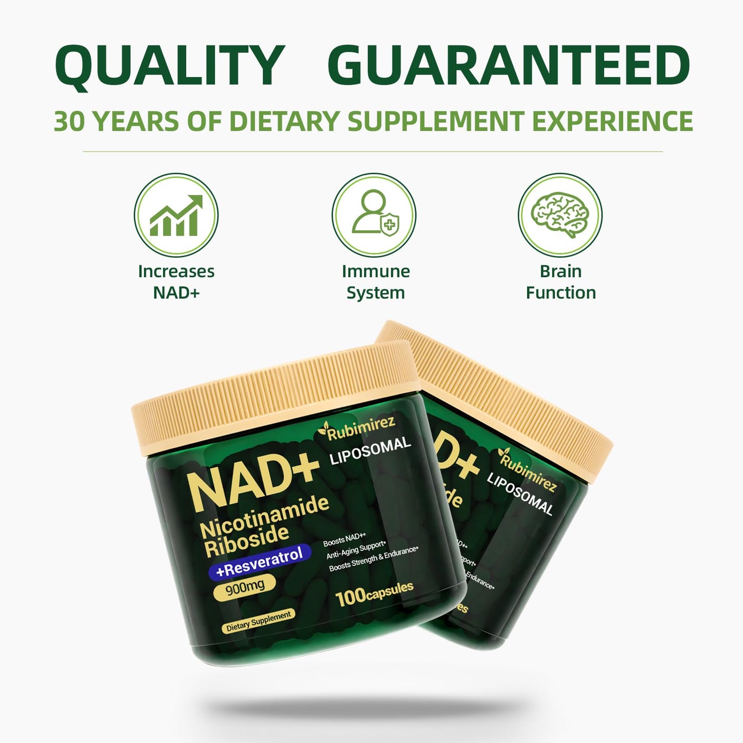 Rubimirez NAD+ Supplement with Nicotinamide Riboside & Resveratrol 900mg – Anti-Aging Support, NMN Alternative, Vegan Non-GMO, 100 Capsules