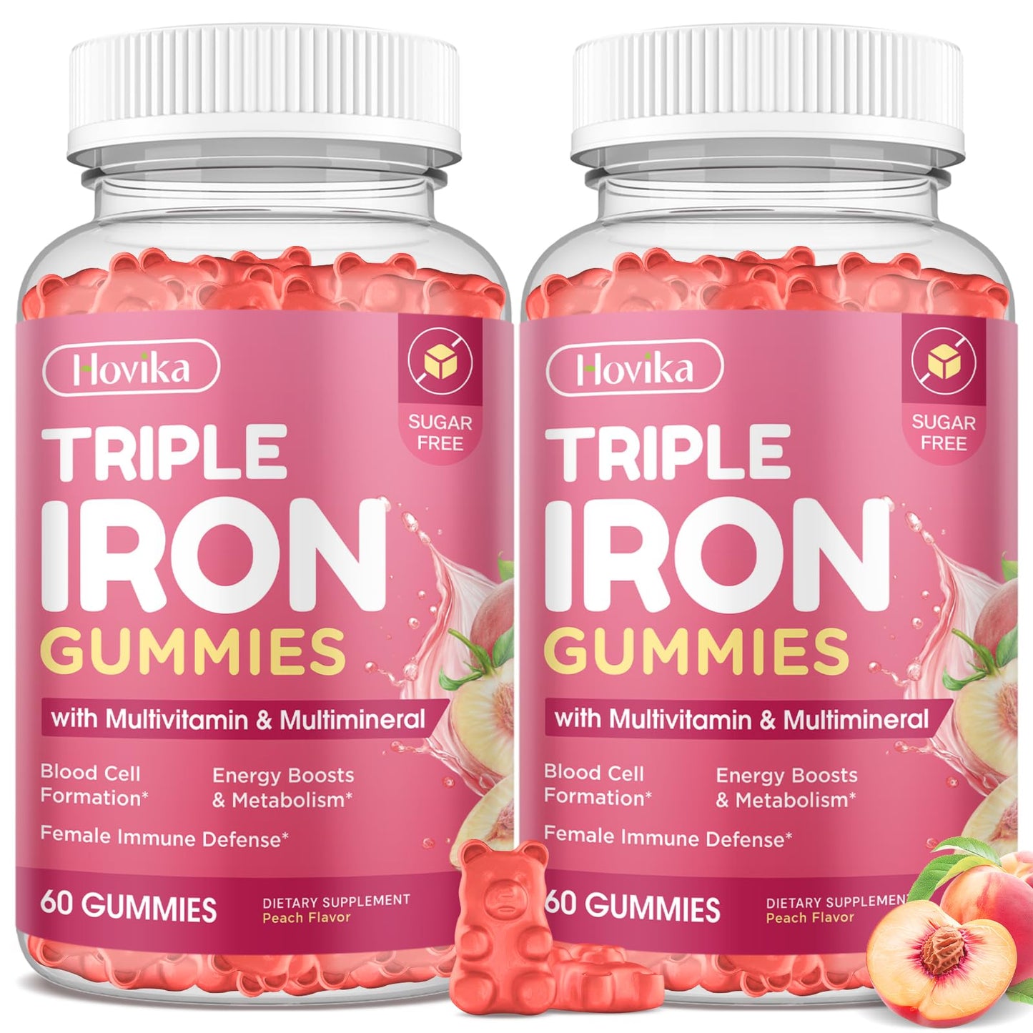 Hovika Iron Gummies for Women, Triple Iron with Multivitamin, Vitamin C, A, B, Folate, Copper, Zinc, Vegan Peach Flavor, 120 Gummies