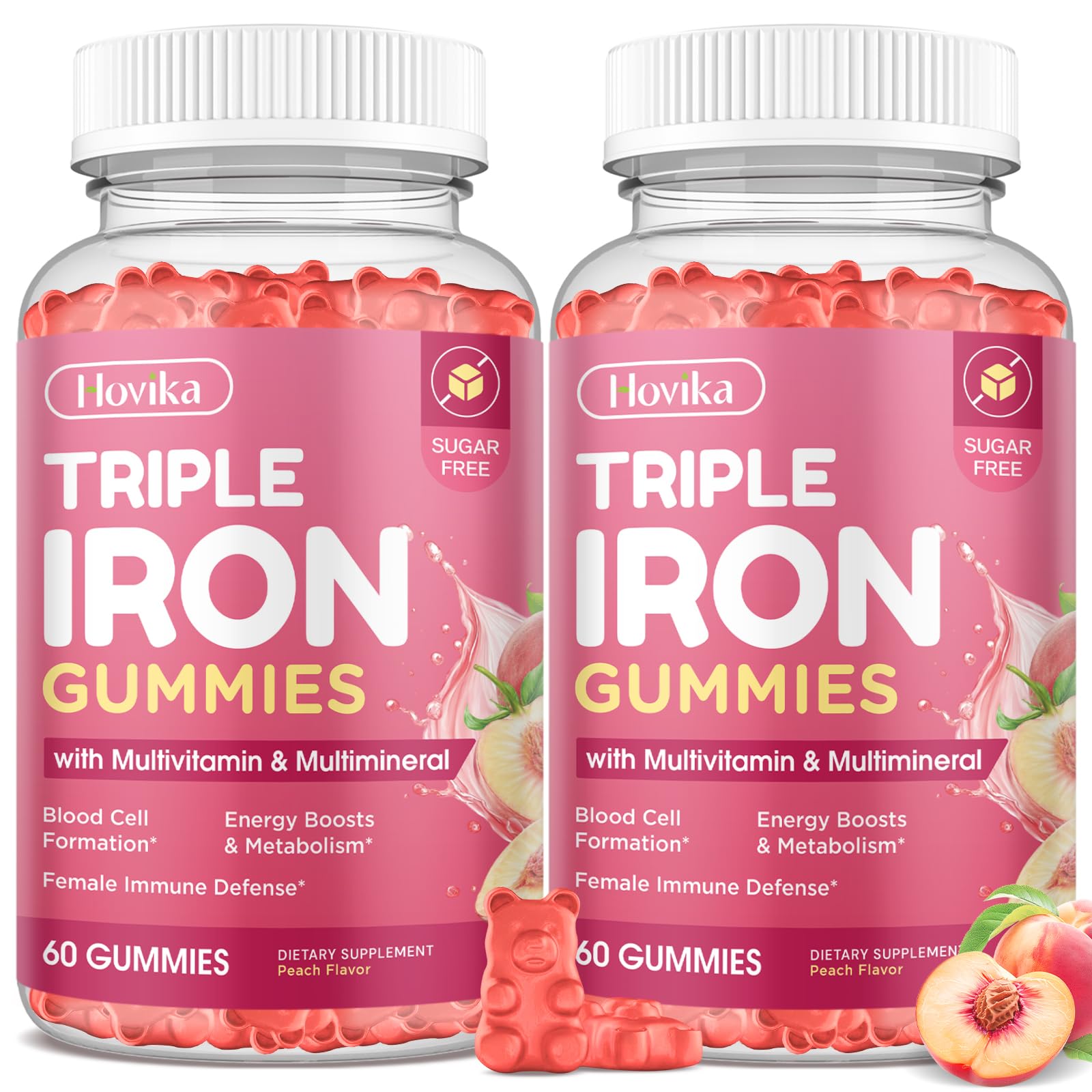 Hovika Iron Gummies for Women, Triple Iron with Multivitamin, Vitamin C, A, B, Folate, Copper, Zinc, Vegan Peach Flavor, 120 Gummies
