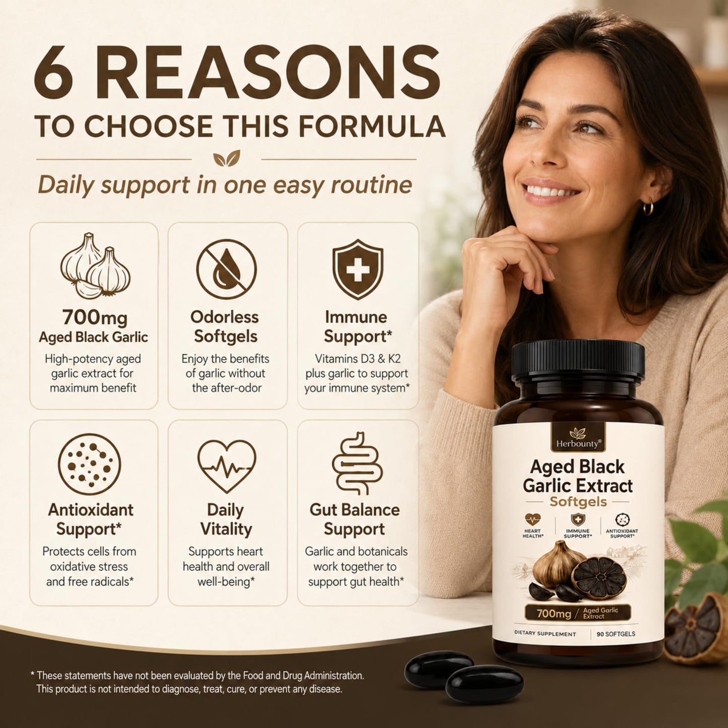 Herbounty Odorless Fermented Aged Black Garlic Extract 700mg Capsule 90 Count