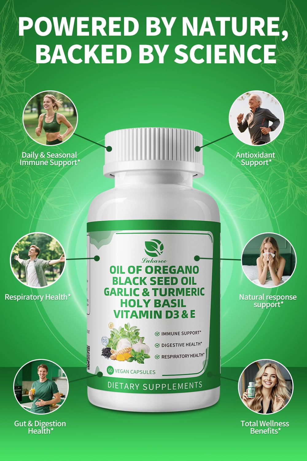 Lukaree Oil of Oregano with Black Seed Oil, Garlic, Turmeric, Holy Basil Capsules, 60 Count