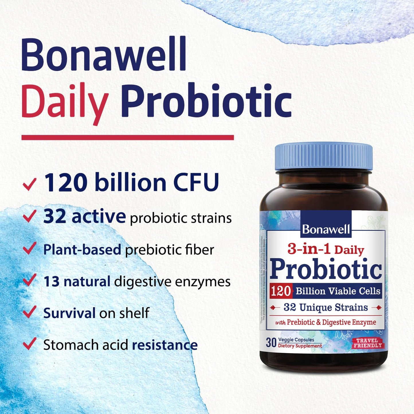 Bonawell Probiotics 120 Billion CFU 32 Strains with Prebiotics, Digestive Enzymes, 3-in-1 Daily Probiotic, Shelf-Stable, Delayed-Release Capsule 30 Count