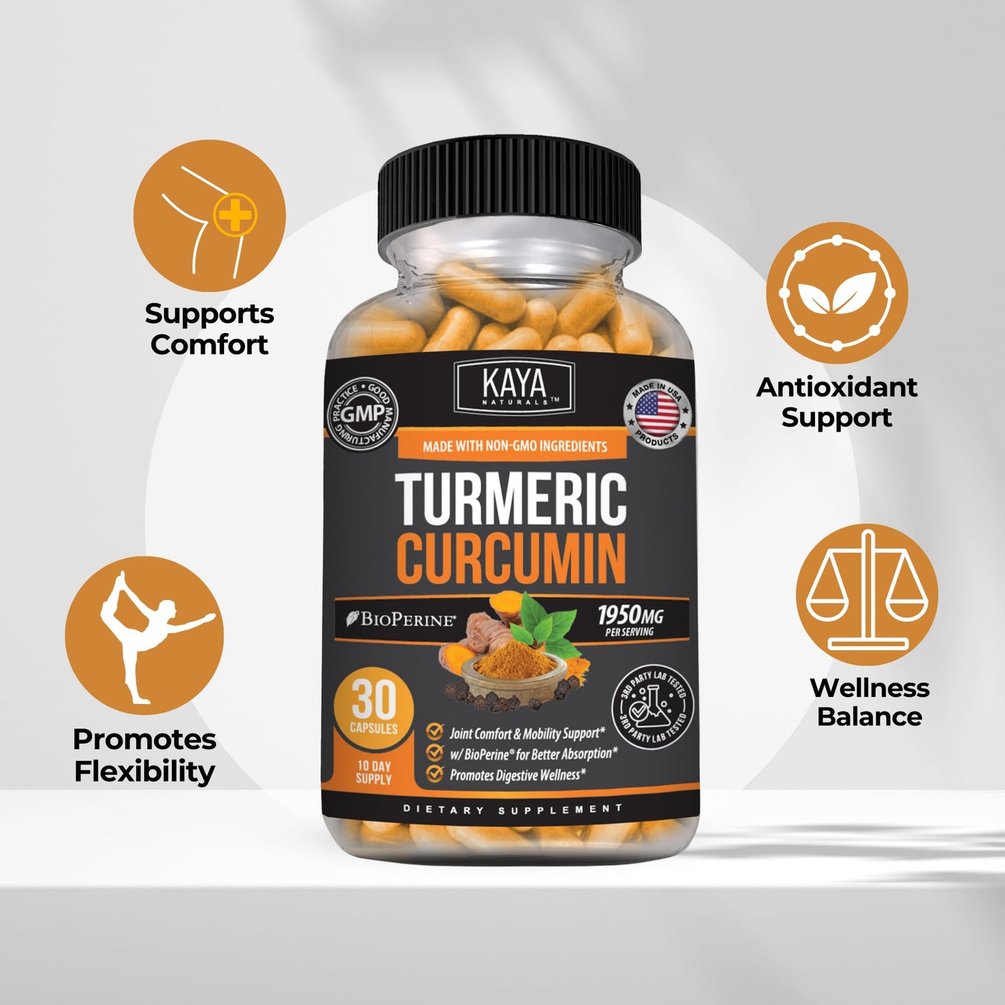 Kaya Naturals Turmeric with Bioperine Mobility Support with 95% Standardized Curcuminoids - Curcumin - 1300mg Turmeric Capsules, 30 Capsules