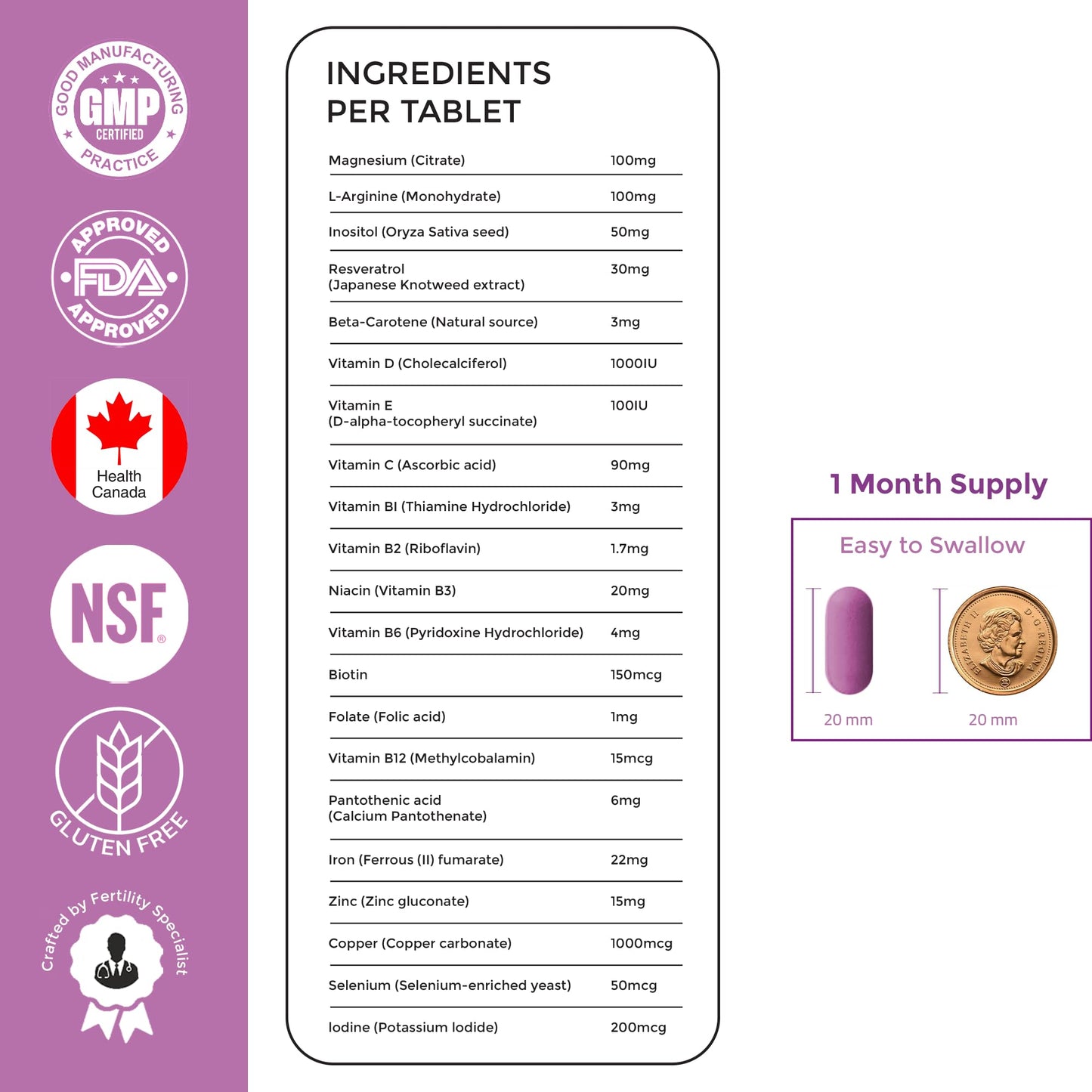 ÉLAN HEALTHCARE MedFertil Fertility Support Prenatal Vitamins with Iron, Myo Inositol, Folic Acid, Iodine, Biotin and B Vitamins, 30 Tablets