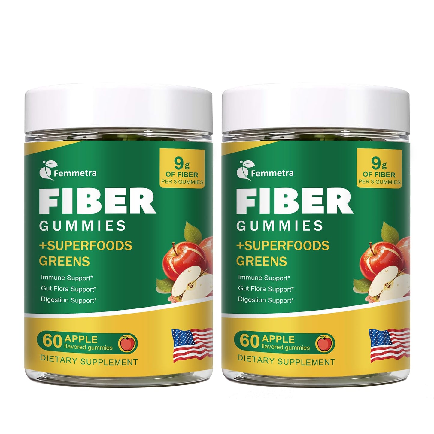 Femmetra 9G Fiber Gummies for Digestive Health & Regularity, No Sugar Added Apple Flavor, Prebiotic Fiber Supplement with Greens, 120 Gummies