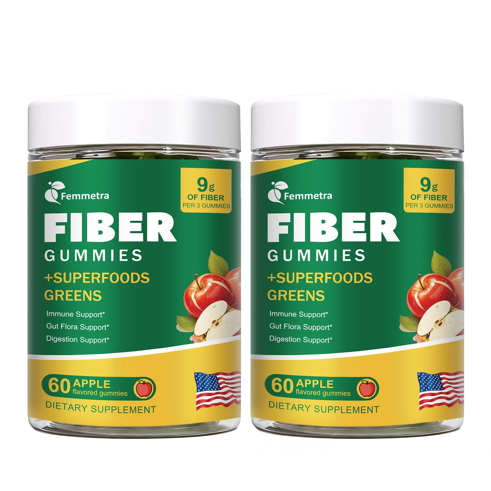 Femmetra 9G Fiber Gummies for Digestive Health & Regularity, No Sugar Added Apple Flavor, Prebiotic Fiber Supplement with Greens, 120 Gummies