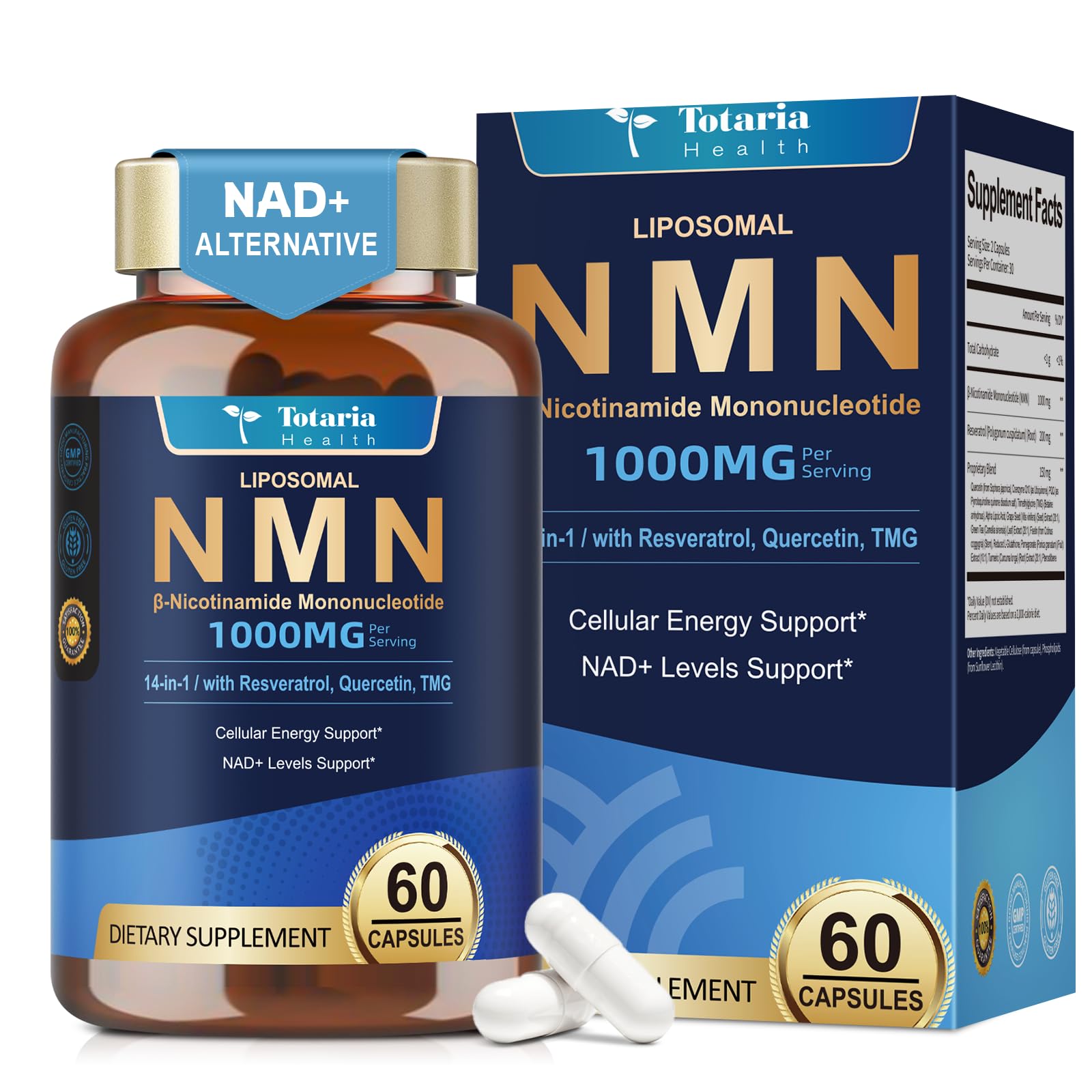 Totaria Liposomal NMN Capsule 1000mg 14-in-1 NMN Resveratrol Complex with CoQ10, TMG, Quercetin, ALA, PQQ NAD Levels Support for Cellular Energy & Healthy Aging, 60 Capsules