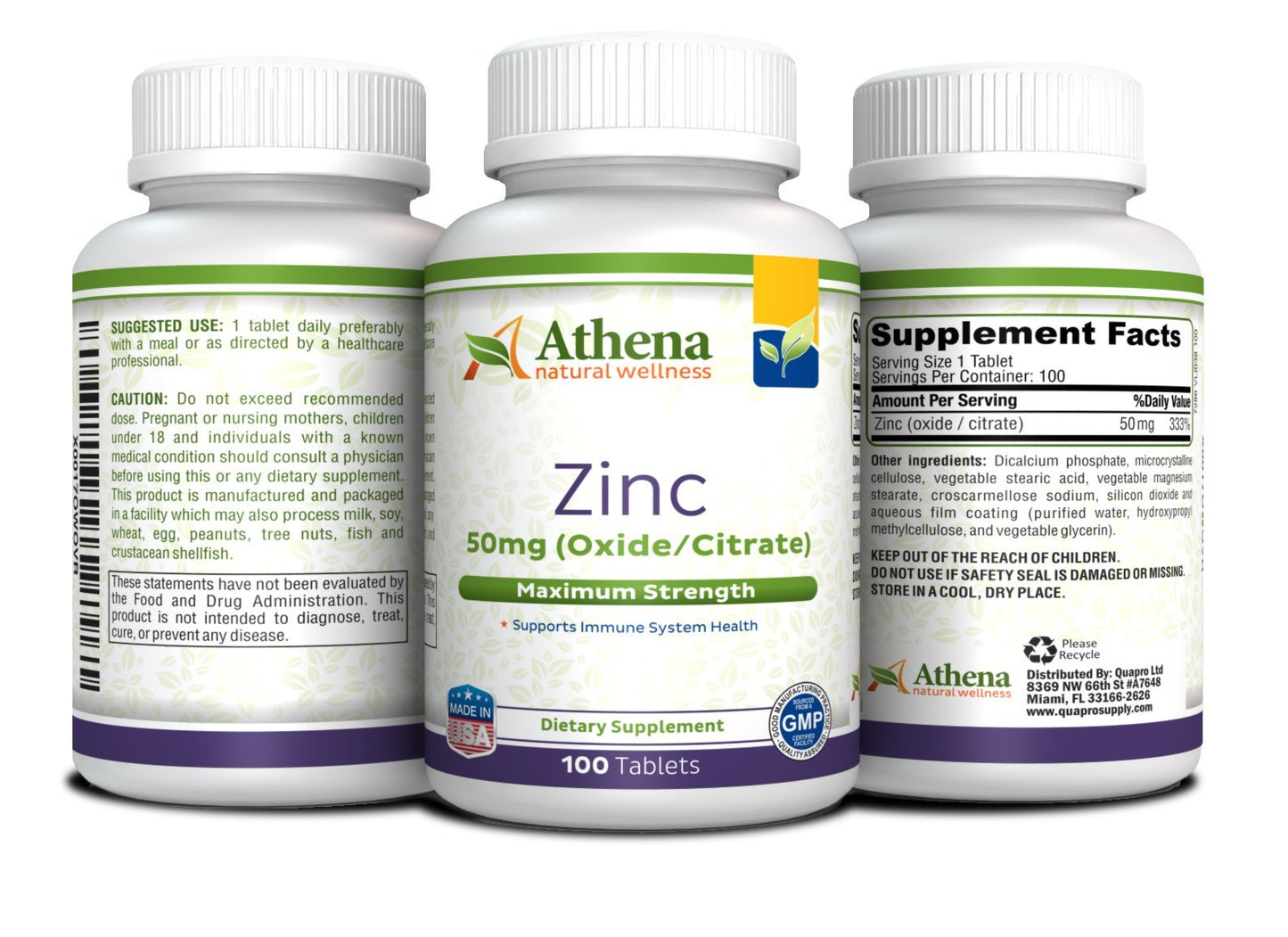 Athena Natural Wellness Zinc Supplement Tablets 50mg, 100 Count