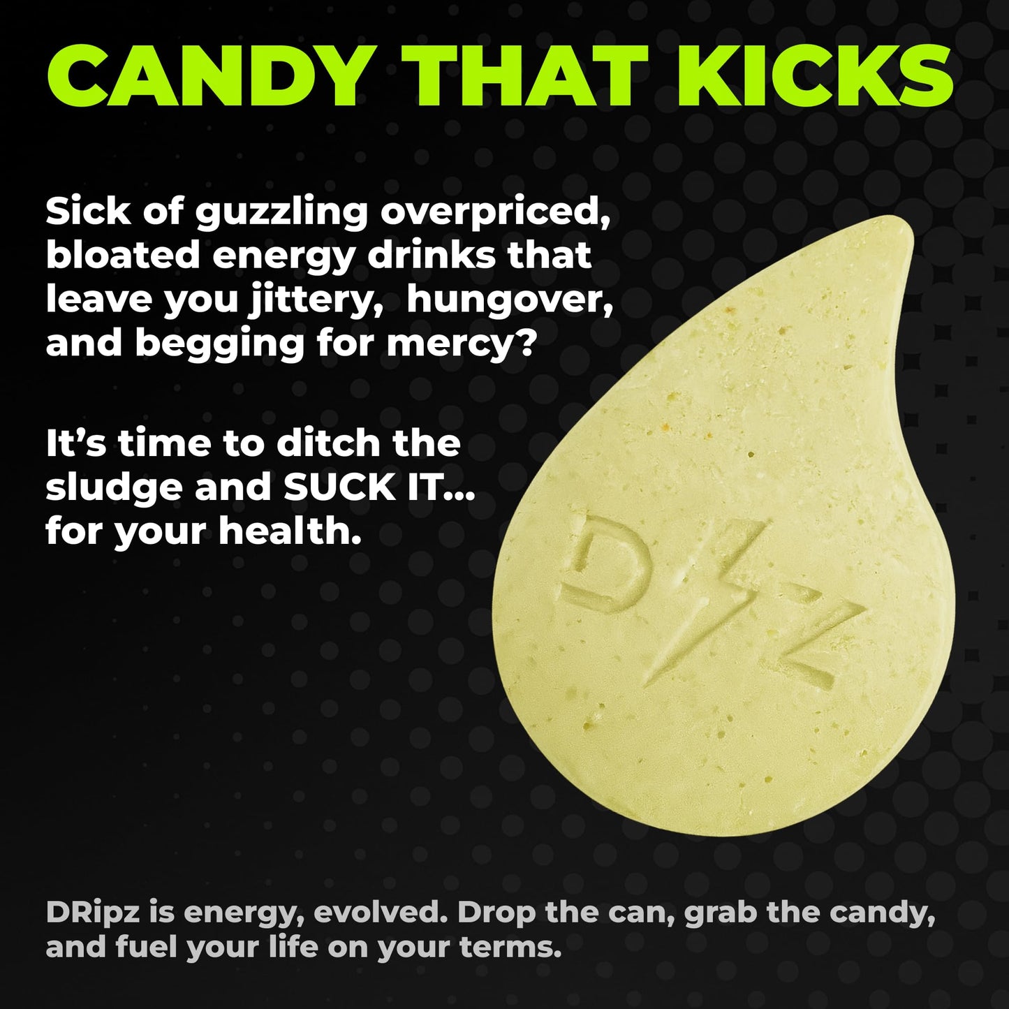 Dripz Energy Nootropic Caffeine Tablets Focus Atomic Green Apple 25 Tablets