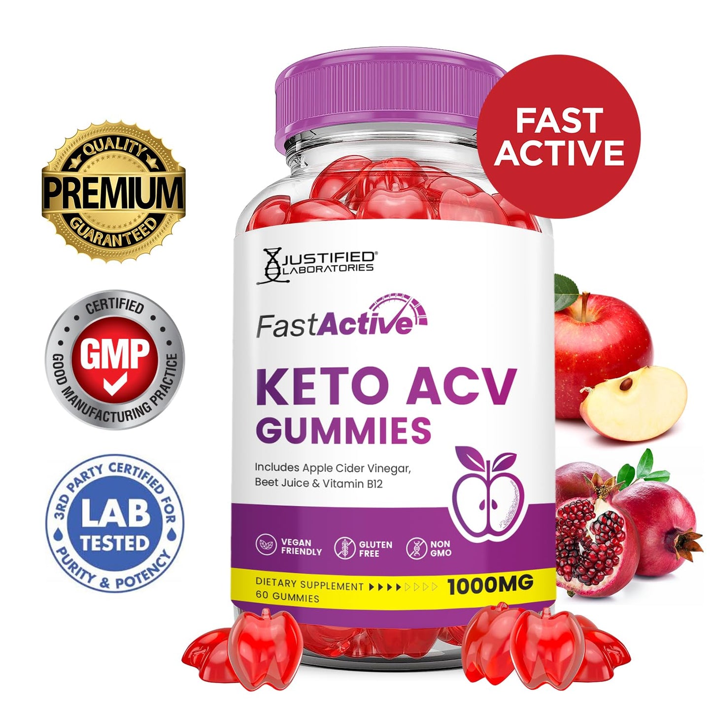 Justified Laboratories Fast Active Keto ACV Gummies Advanced Formula 1000mg Apple Cider Vinegar, 120 Gummies