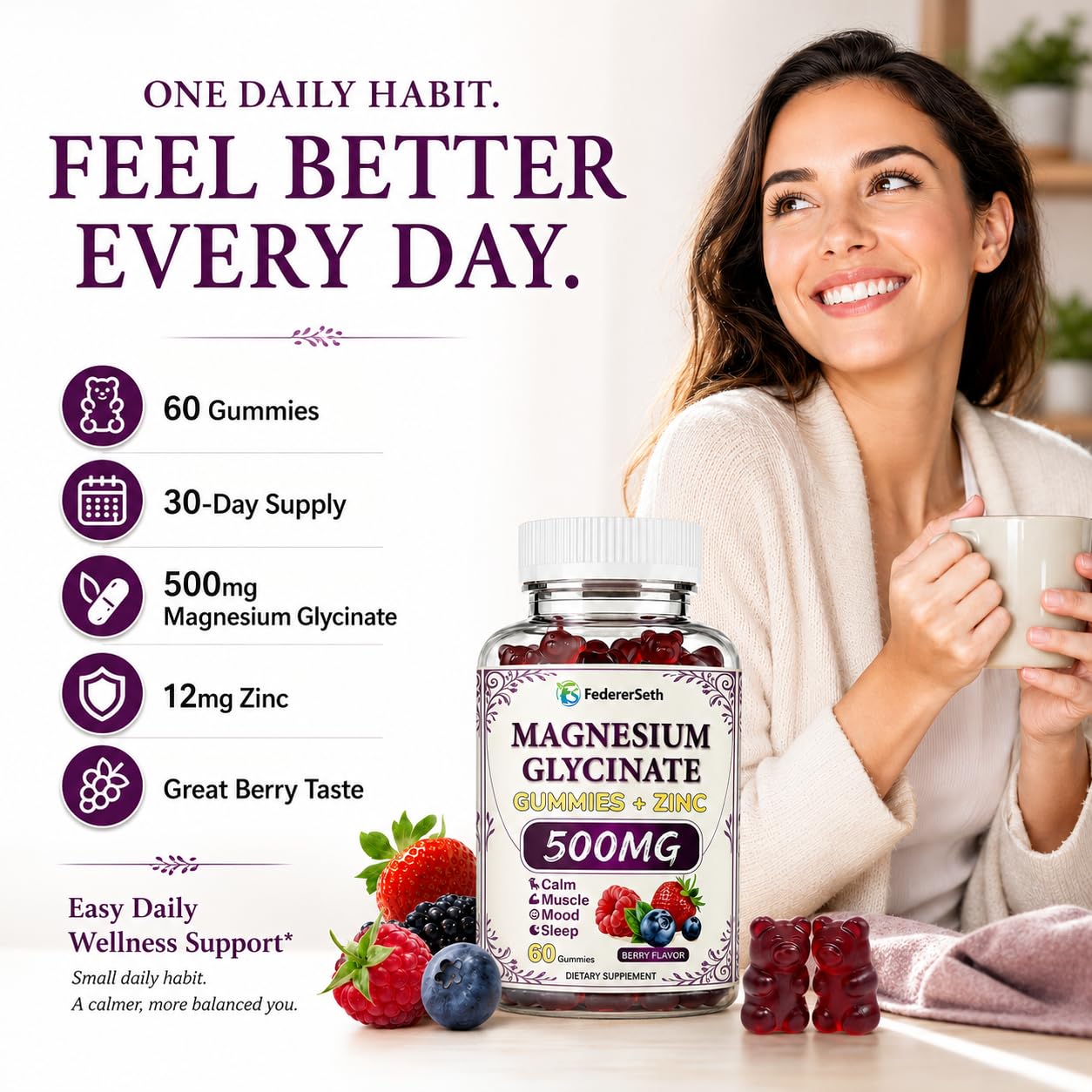 FedererSeth Magnesium Glycinate Gummies 500mg with Zinc for Women & Men, Supports Calm, Muscle Relaxation & Daily Stress Relief, High Absorption Chelated Magnesium, Zero Added Sugar, 120 Gummies