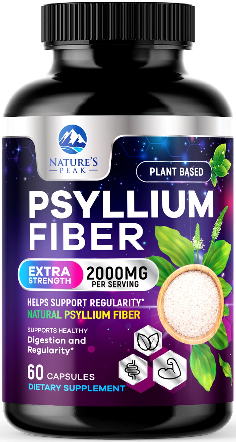 Nature's Peak Psyllium Husk Capsules 2000mg Per Serving, 60 Capsules