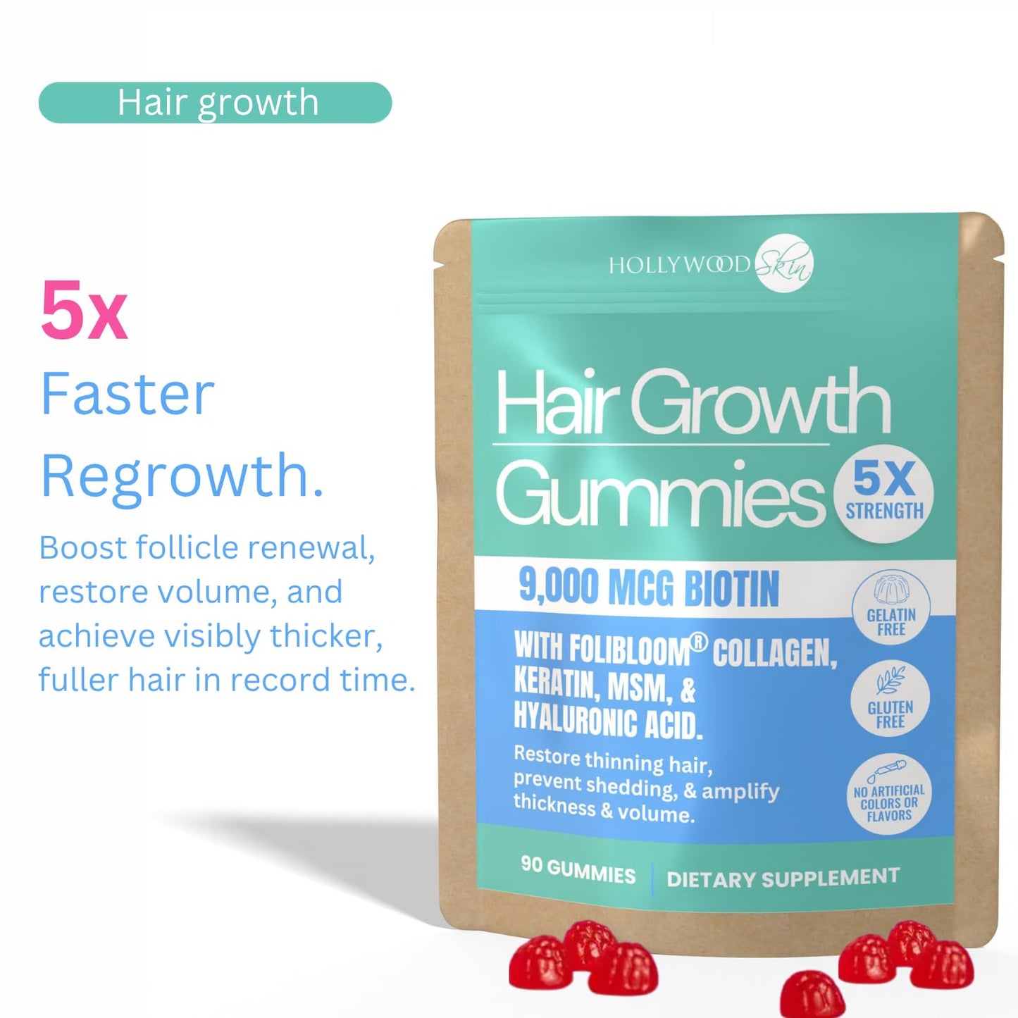 Hollywoodskin 5X Stronger Hair Growth Gummies – 9,000mcg Biotin, 250mg Keratin + 500mg MSM for Thicker, Longer, Healthier Hair – Clinically Proven Formula, 90 Gummies