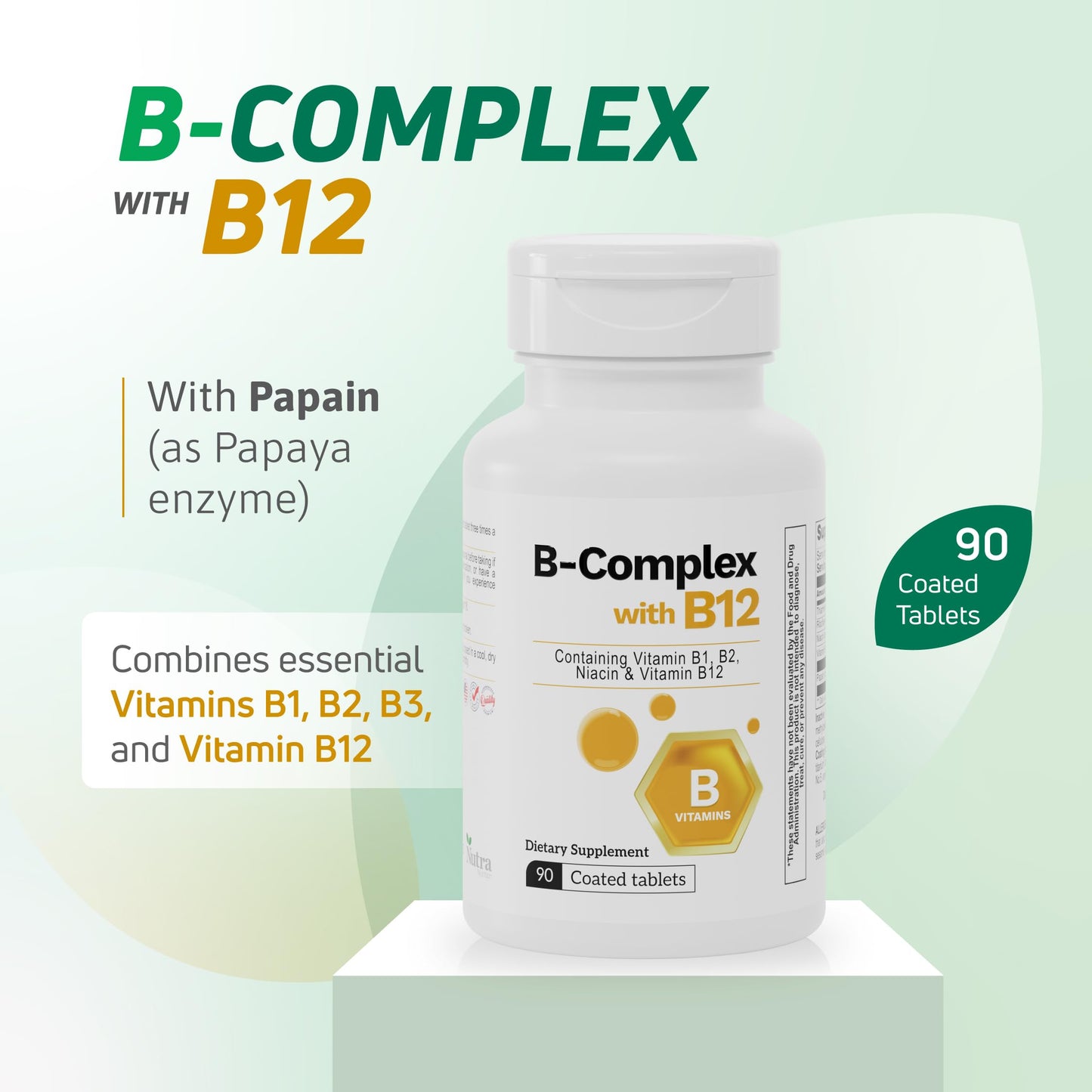 Nutra Nutrition B Complex with B12 Papaya Enzyme Energy Support Tablets, 90 Count
