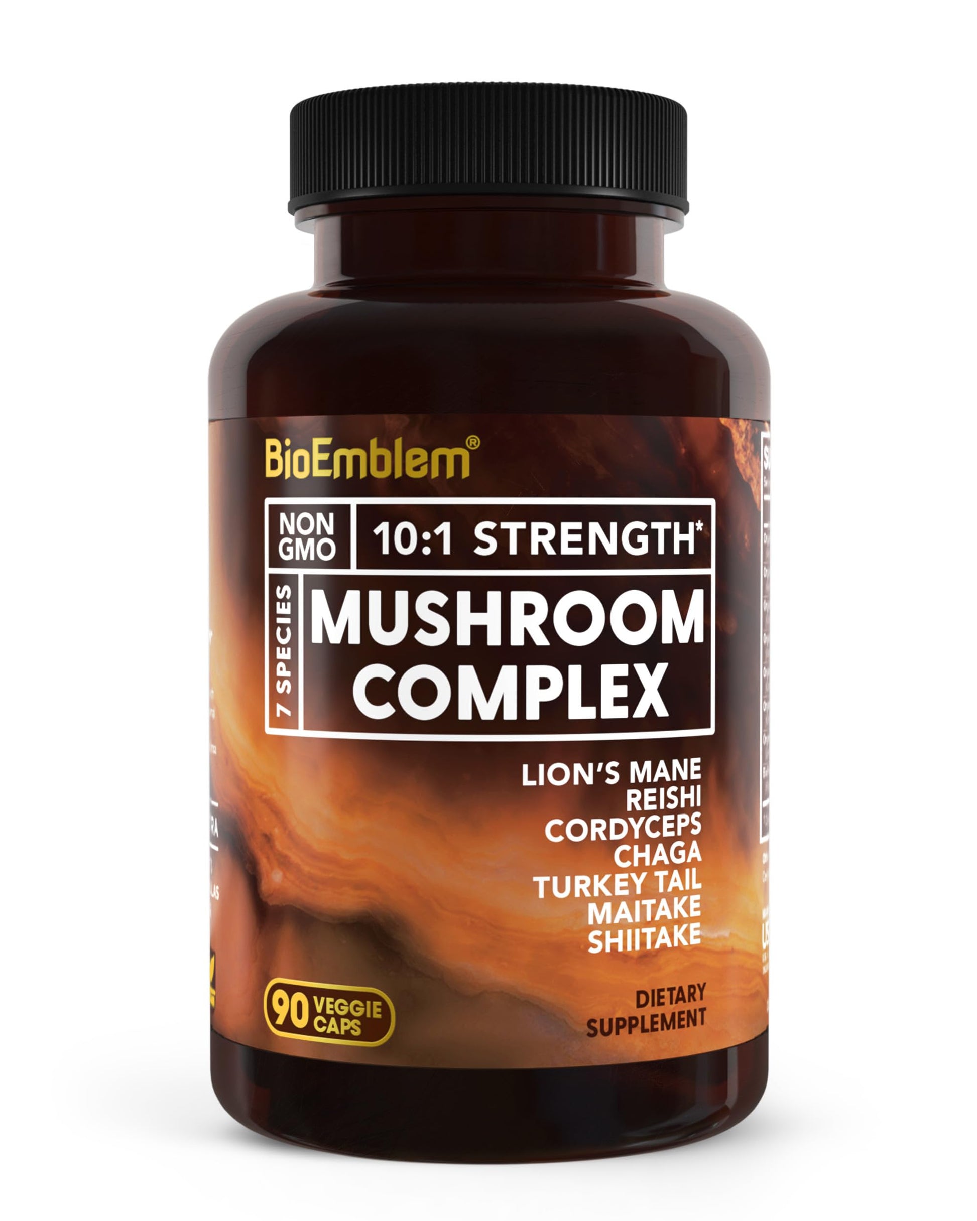 BioEmblem Mushroom Complex - 10:1 Strength and 7 Species - Lions Mane, Reishi, Cordyceps, Chaga, Maitake, Shiitake Mushroom Supplement - Immunity, Energy & Focus, Brain - Non-GMO, Vegan - 90 Capsules
