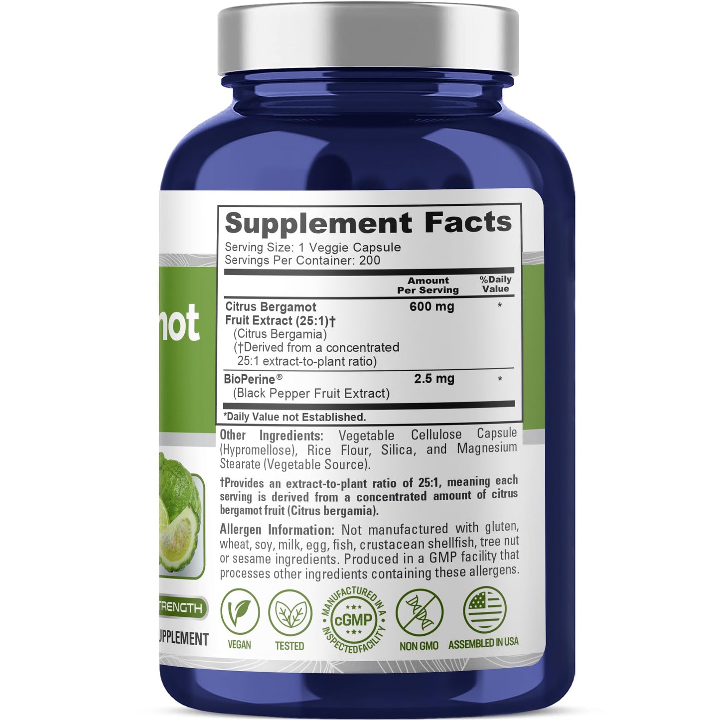 NusaPure Citrus Bergamot Capsules, 600 mg, 200 Veg Capsules