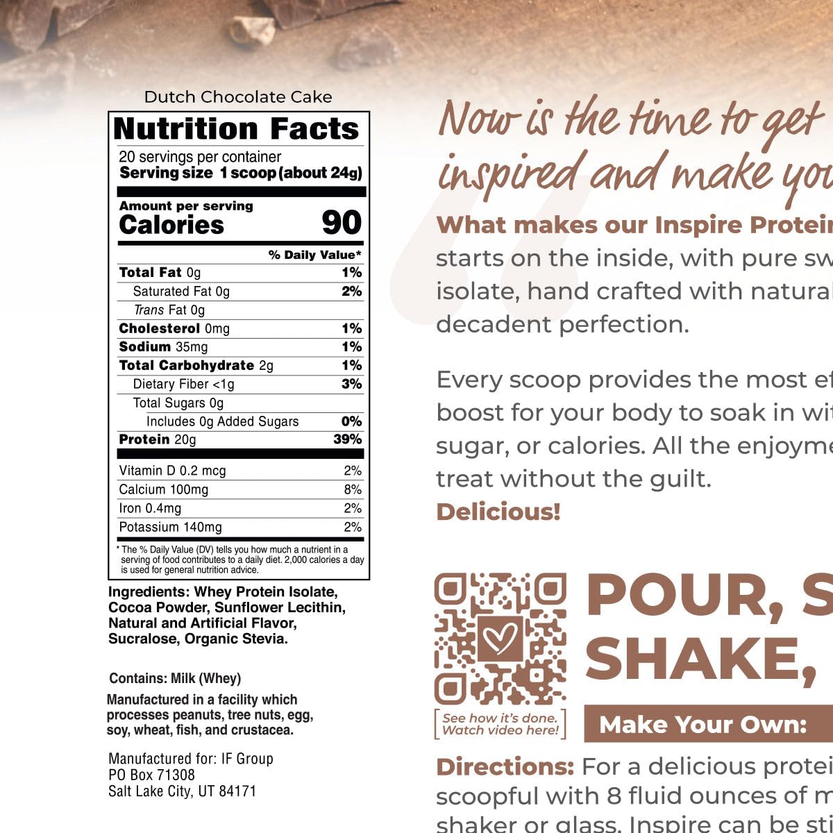 Bariatric Eating Inspire 20g Whey Protein Isolate Powder - Dutch Chocolate Cake (20 Servings) 1.06 Pound