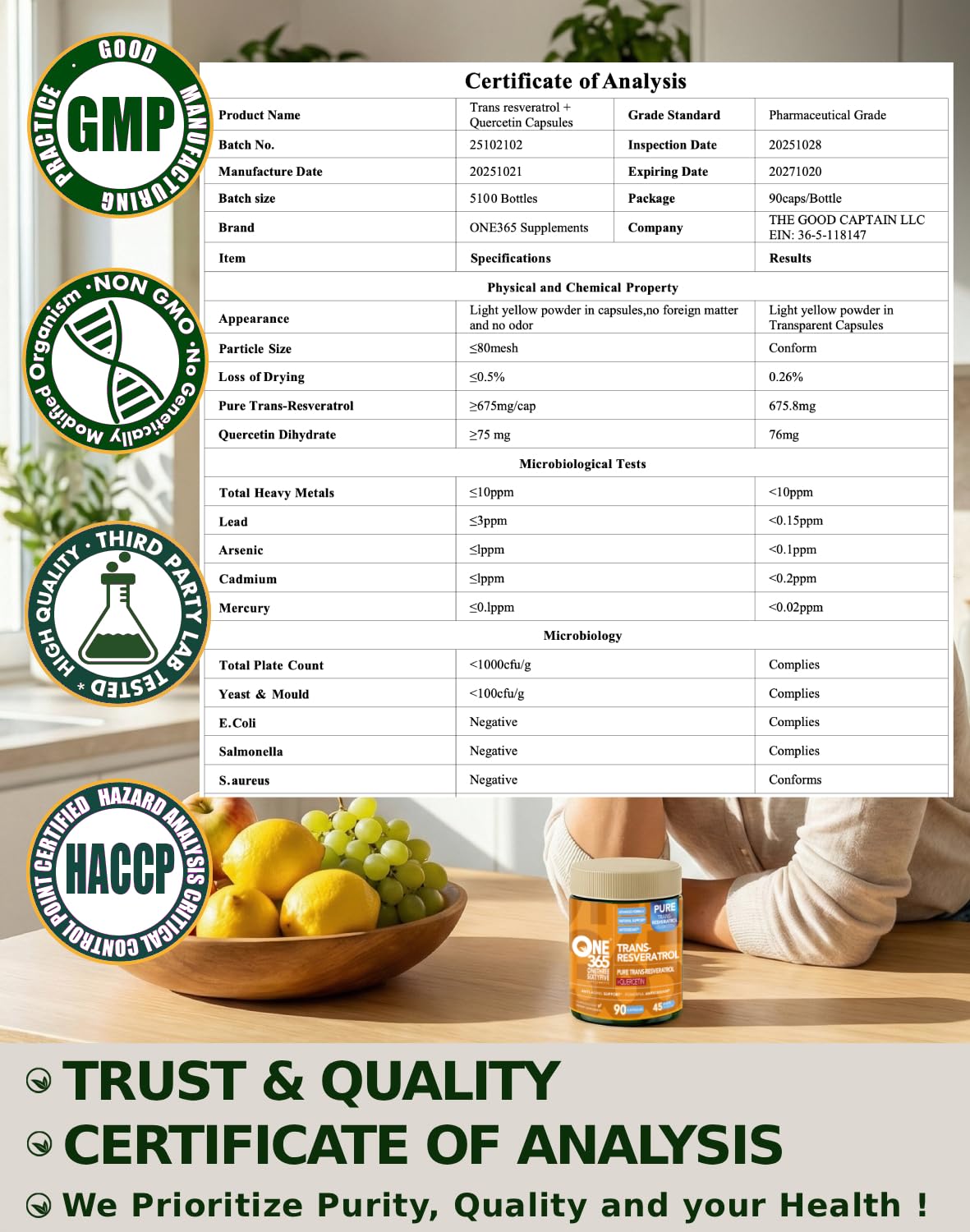 ONE 365 Trans-Resveratrol with Quercetin Capsule, 90 Count