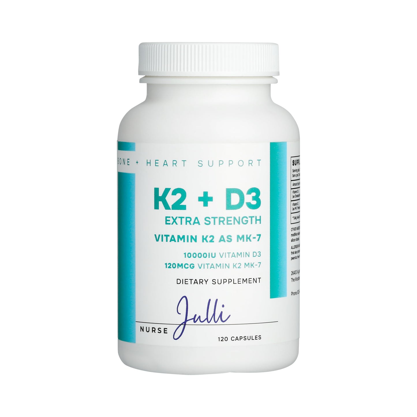 Nurse Julli Vitamin K2 + D3 Extra Strength Supplement Capsules - 120 Count