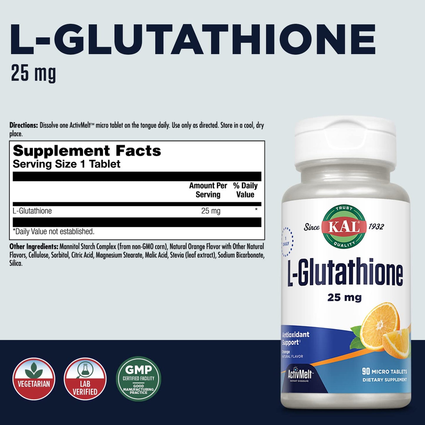 KAL L-Glutathione Reduced Glutathione Supplement 90 Tablets