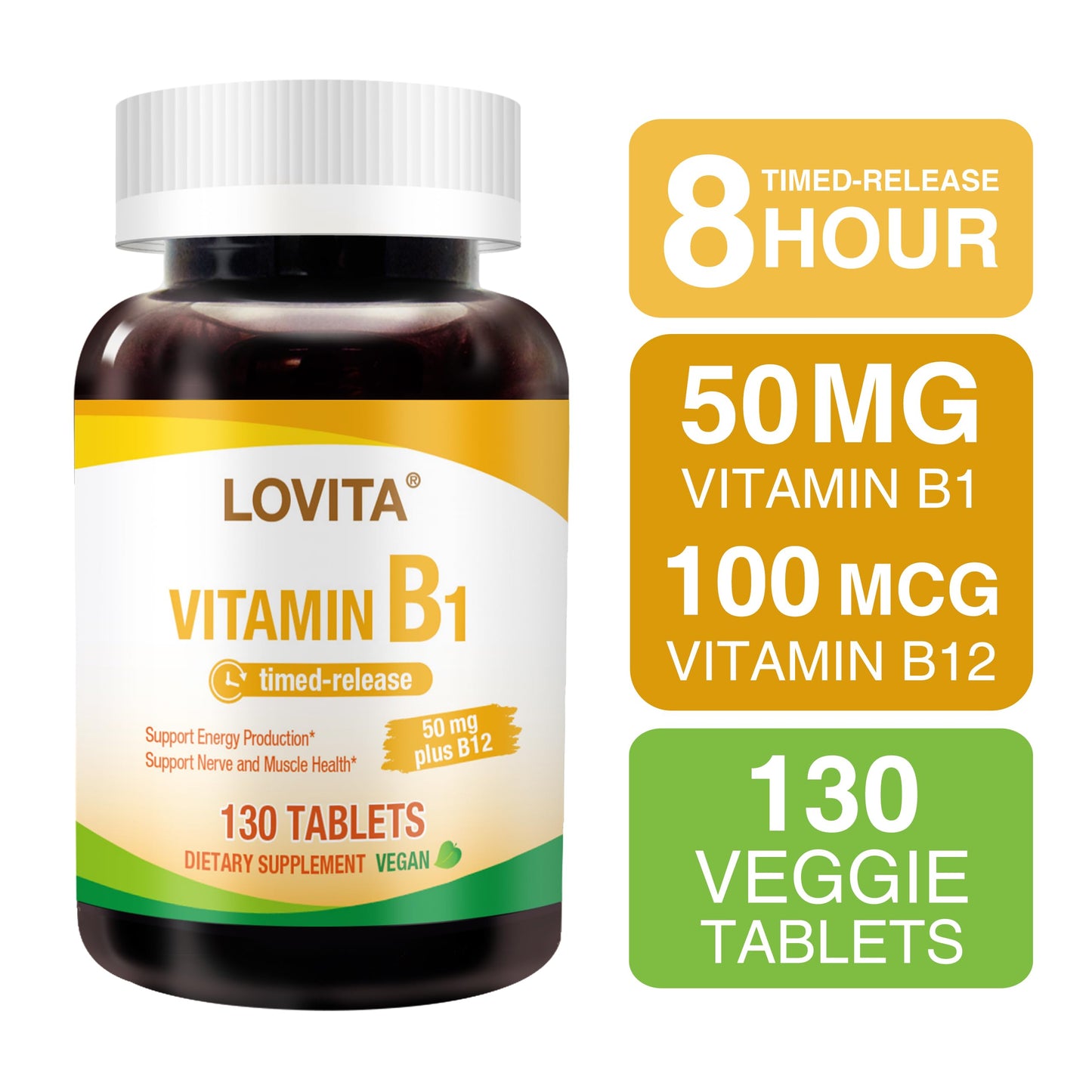 LOVITA Vitamin B1 (Thiamine) 50mg Timed Release, 8 Hours Sustained, with Vitamin B12 100mcg, Support Metabolism & Nerve Health, 130 Tablets
