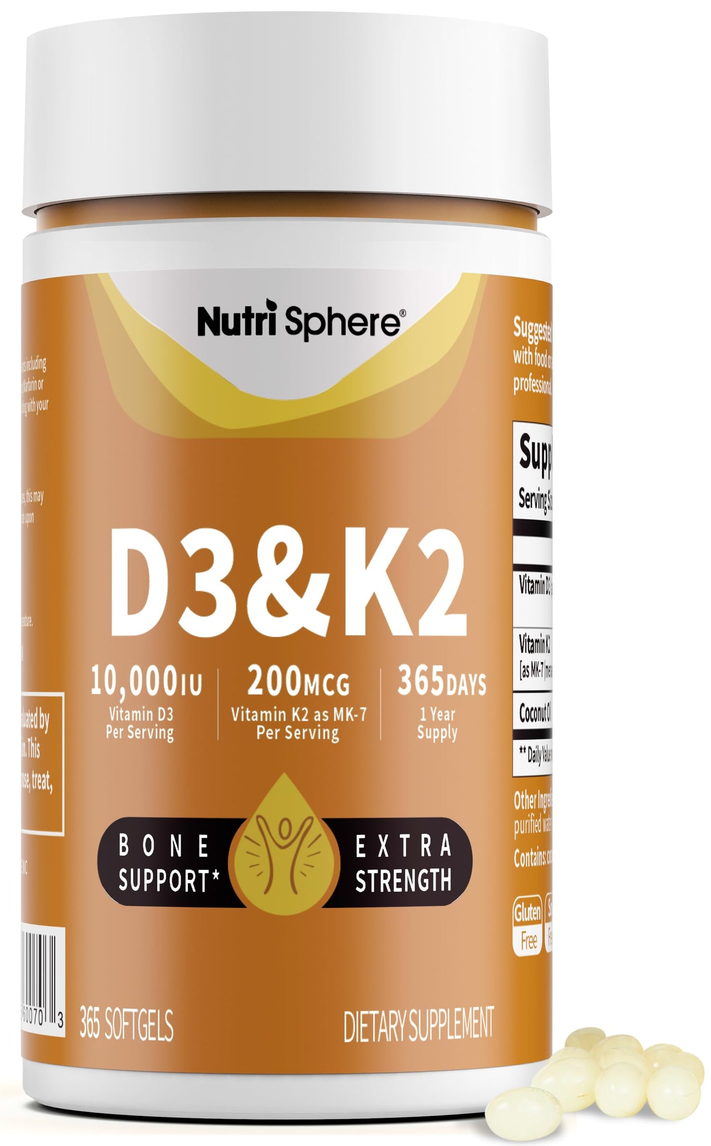 NutriShpere Vitamin D3 & K2 (MK-7) - 10,000 IU + 200 mcg, 365 Softgels