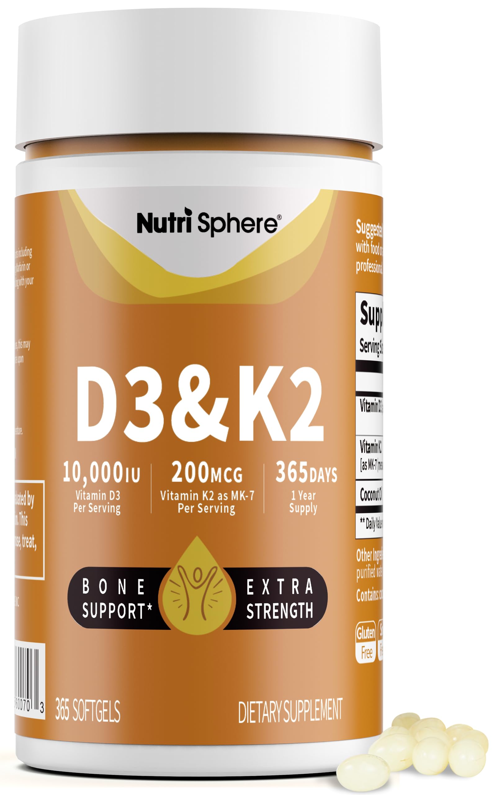 NutriShpere Vitamin D3 & K2 (MK-7) - 10,000 IU + 200 mcg, 365 Softgels