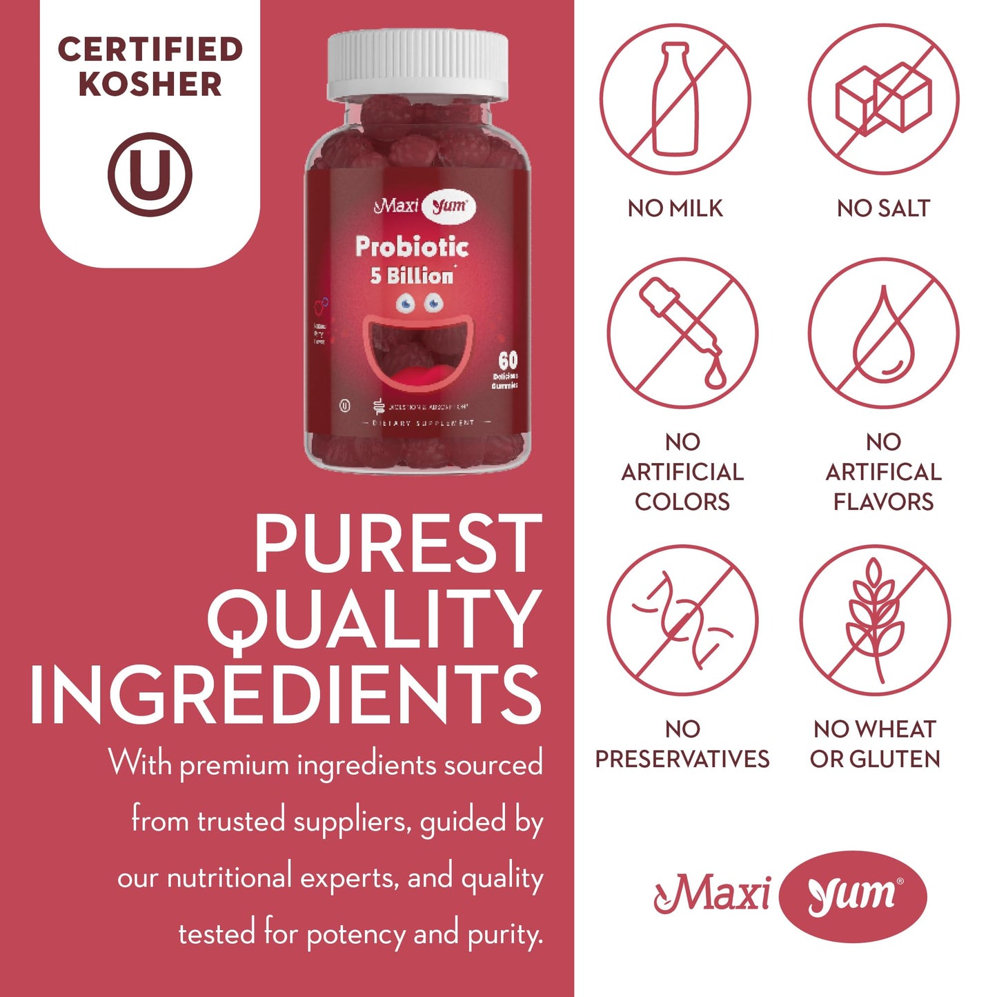 Maxi Health Yum Probiotic Gummies, 5 Billion CFUs, Gut Health, Kosher Certified, Natural Berry Flavor, 60 Gummies