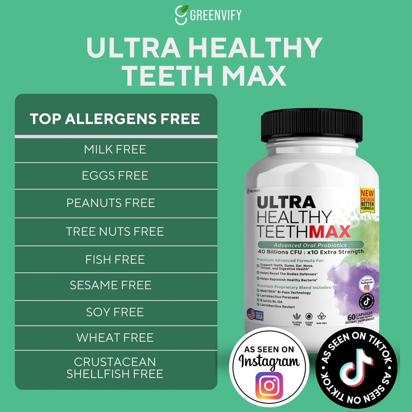 GREENVIFY Ultra Healthy Teeth Max Probiotic Supplement 120 Capsules