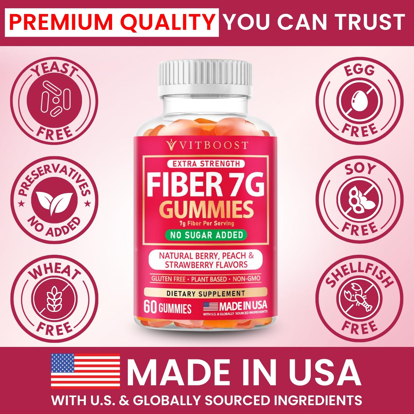 VITBOOST Fiber Gummies for Adults 7g Digestive Health & Regularity, 60 Gummies