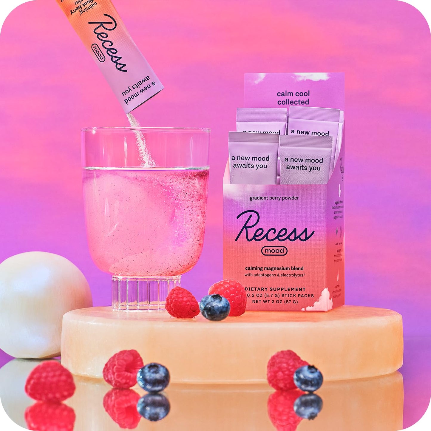 Recess Mood Powder Calming Magnesium L-Threonate Blend with Passion Flower, L-Theanine, Electrolytes, Magnesium Calm Support Supplement, 2 x 0.2 oz