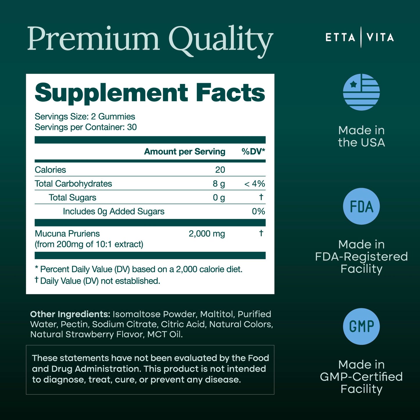 Etta Vita Dopamine Supplement Mucuna Pruriens Gummies, Sugar-Free, 2g/serving, 60 Gummies