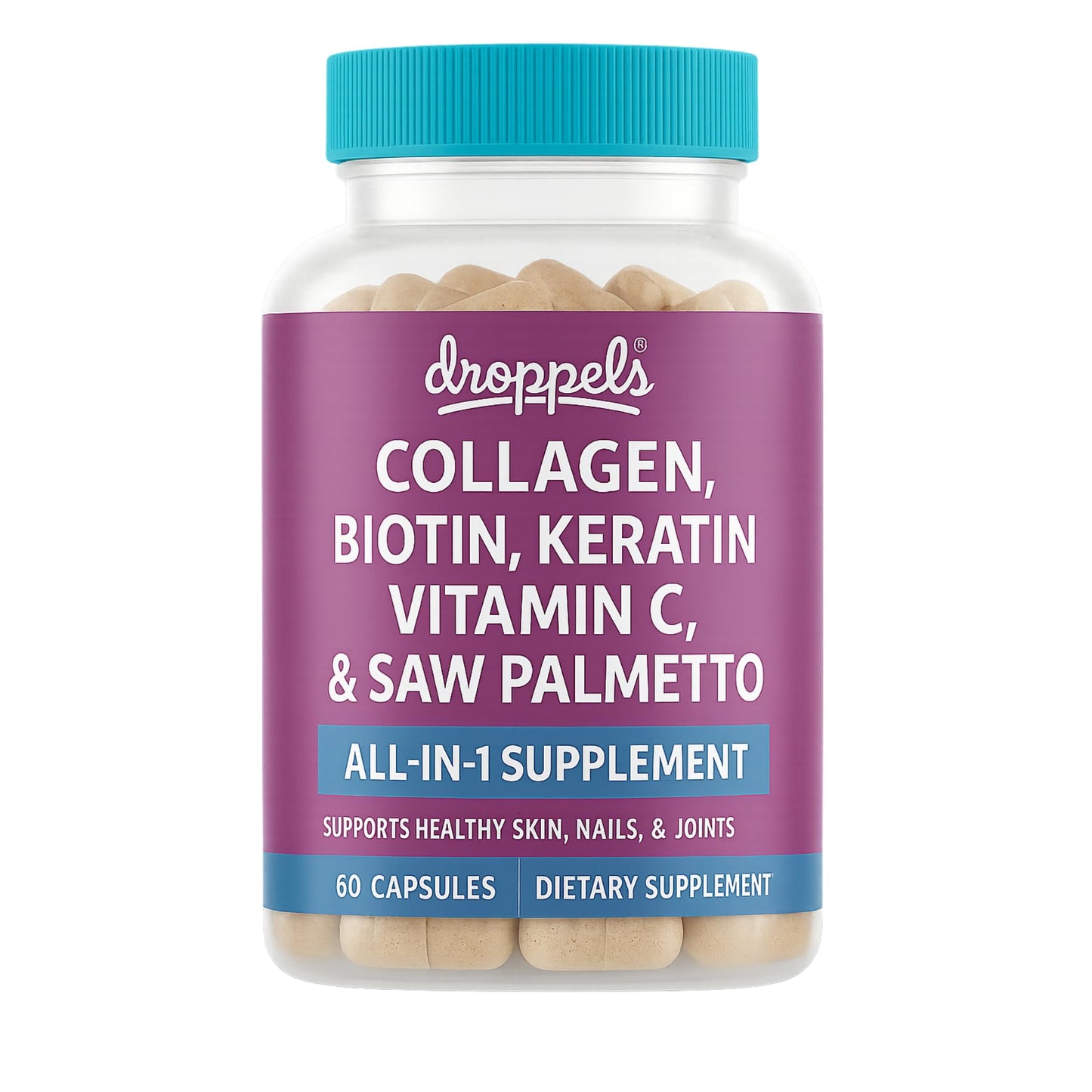 Droppels Collagen Capsules – Advanced Collagen + Biotin + Keratin + Vitamin C – Hair, Skin, Nails & Joints Support, 60 Count