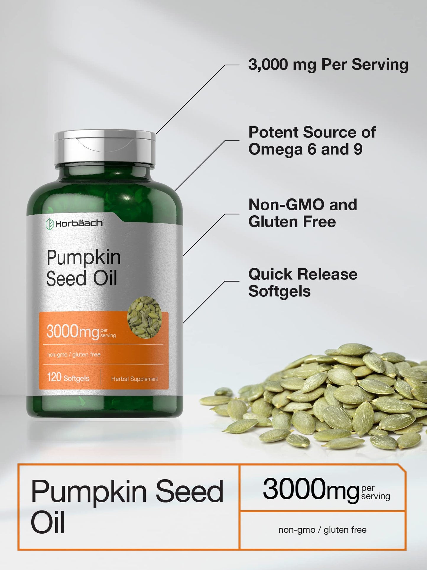 Horbäach Pumpkin Seed Oil 3000mg Softgel Capsules, 120 Count