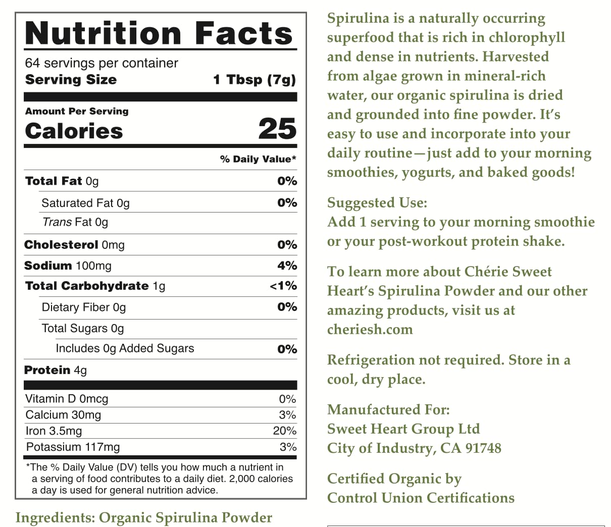 Chérie Sweet Heart Spirulina Powder (Organic), 16 Ounce