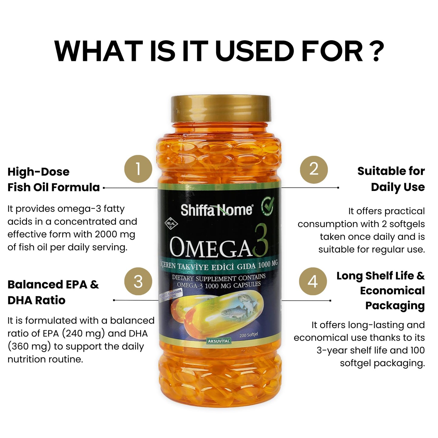 shiffahome Omega-3 Fish Oil 1000 mg Capsule, 200 Count