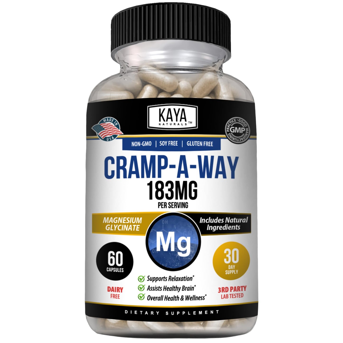 Kaya Naturals Cramp-A-Way Magnesium Glycinate 183mg Capsule, 60 Count