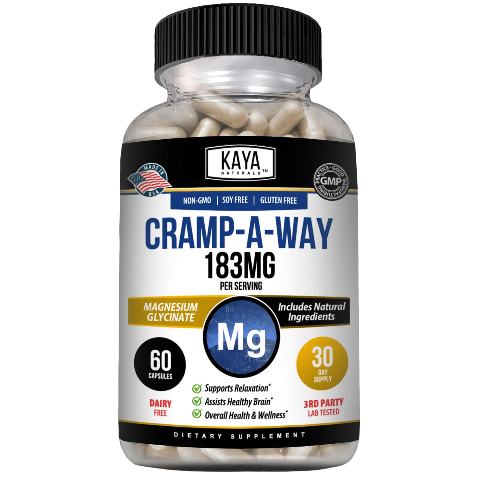 Kaya Naturals Cramp-A-Way Magnesium Glycinate 183mg Capsule, 60 Count