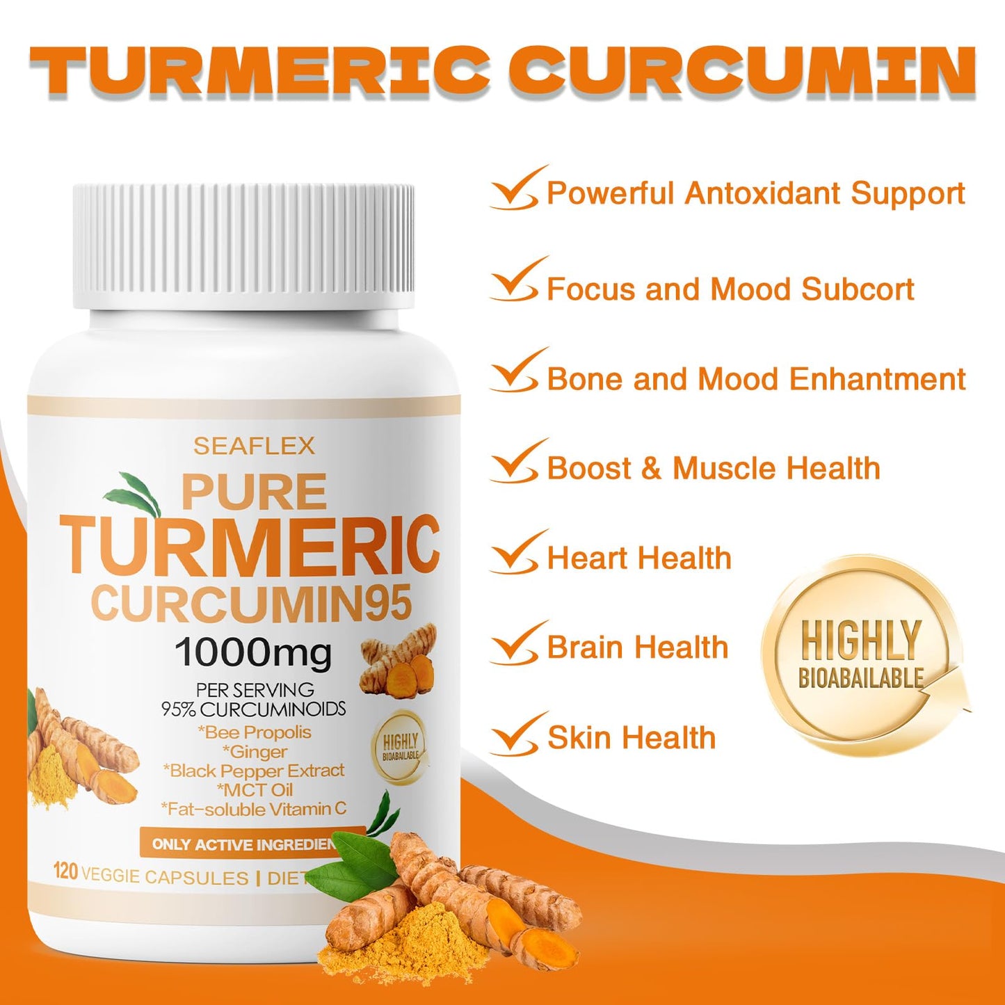 SEAFLEX Turmeric Curcumin Supplement 1000mg, 95% Curcuminoids with Bee Propolis, 240 Capsules